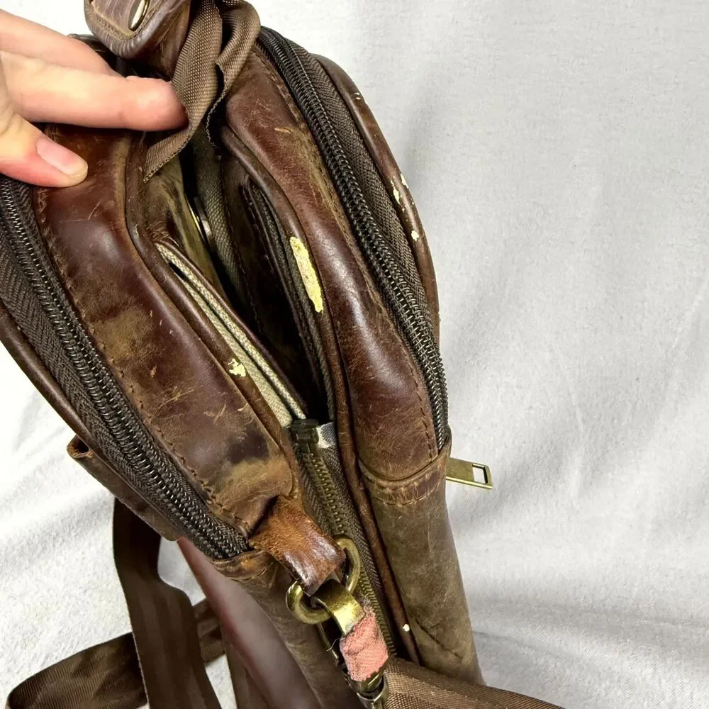 Brookstone Messenger Bag Mens Brown Leather Multi Pocket Detachable Crossbody